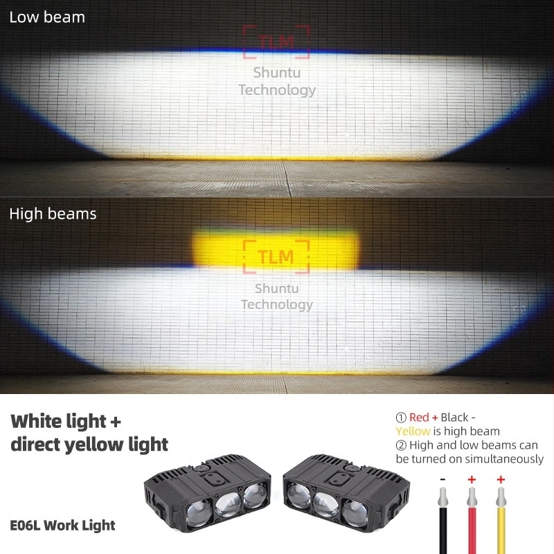 E06L Háromlencsés LED-fényszóró, 80W autókhoz és motorkerékpárokhoz, dupla lencsével, magas és alacsony fényszórás, integrált LED rács