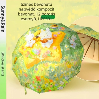 Színes vintage napernyő, háromrészes összecsukható kivitel, UV védelem UPF50+, 12 bordás vasváz, felnőtteknek