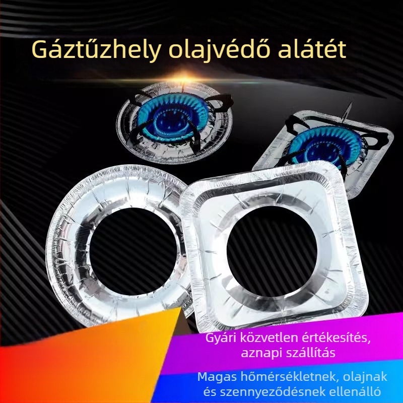 Gázfőző olajálló védőpad, alumínium fólia tisztítógyűrűvel, kör és négyszögletes forma, méret 23×23×2 cm