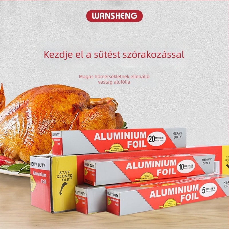 Alumínium-fólia, 30–45 cm, grillsütéshez és sütéshez, csirke- és húsételekhez, 0,02 mm vastagság