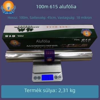 Élelmiszer-minőségű alumíniumfólia, 18 mikron, 100 m × 45 cm, hőálló, egyszer használatos