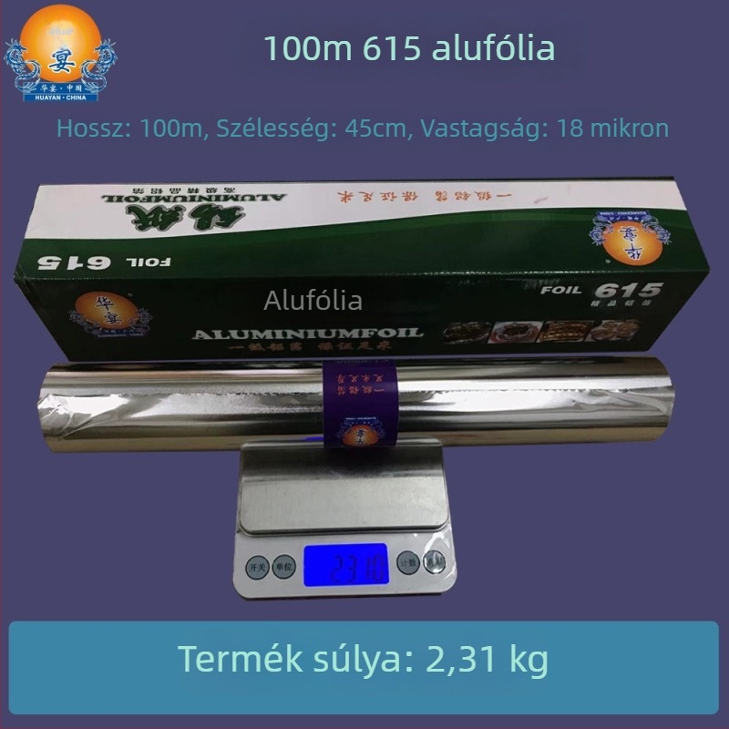 Élelmiszer-minőségű alumíniumfólia, 18 mikron, 100 m × 45 cm, hőálló, egyszer használatos