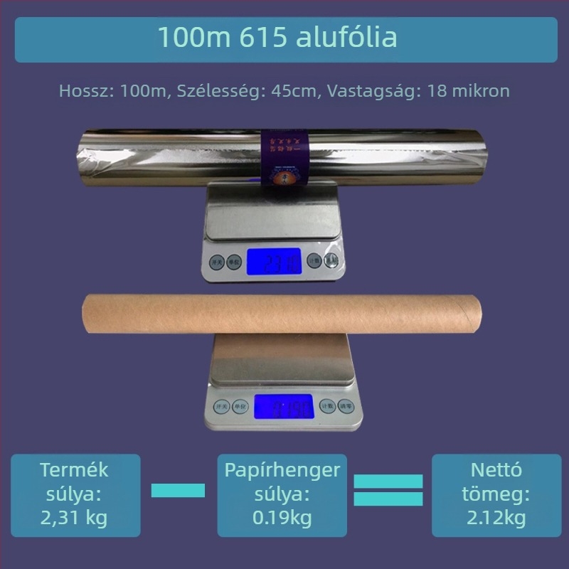 Élelmiszer-minőségű alumíniumfólia, 18 mikron, 100 m × 45 cm, hőálló, egyszer használatos