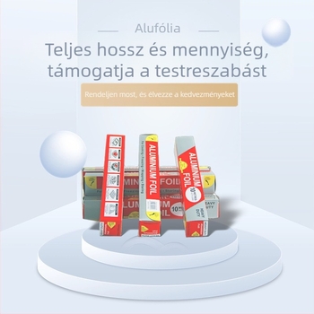 Sütéshez és grillezéshez való alumíniumfólia, elérhető 5 m × 30 cm, 10 m × 30 cm és 20 m × 30 cm méretekben.