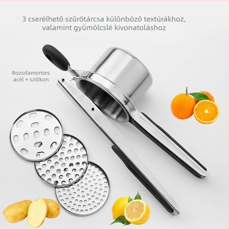 Többfunkciós kézi gyümölcsprés és burgonyapürítő, 304 rozsdamentes acélból, citromnyomó