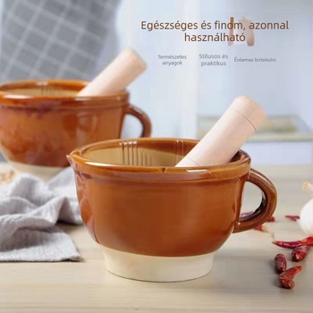 Tradicionális kerámiamozsár fogantyúval, vastított kivitel, otthoni használatra, tojás-, chili- és fokhagymapaszta zúzására, többfunkciós