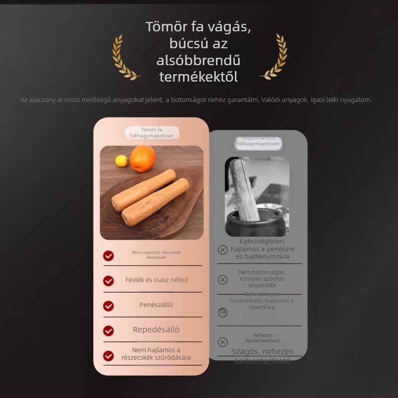 Fából készült fokhagyma prés és daráló, kézi konyhai eszköz