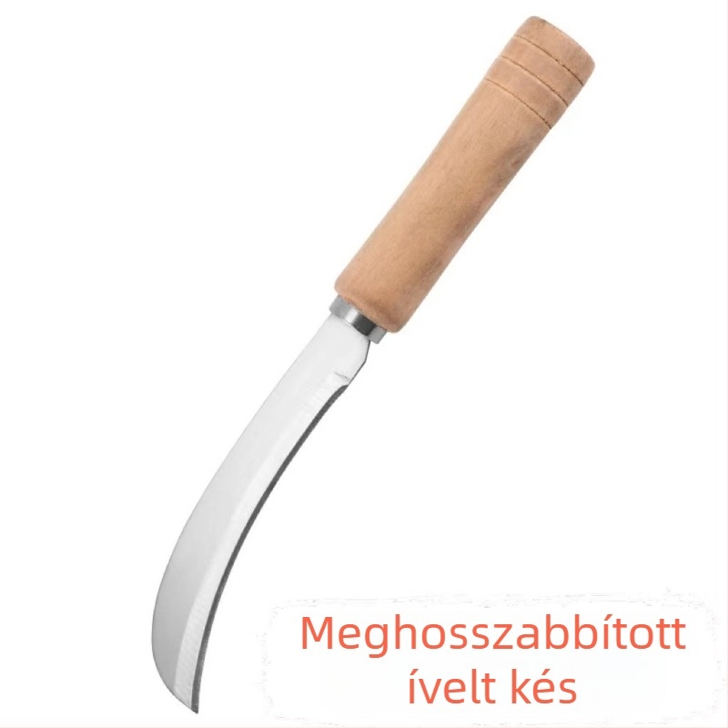 Rozsdamentes acél gyümölcskés hosszú fa markolattal, ívelt pengével, három az egyben: gyümölcs- és zöldség-hámozás és szeletelés