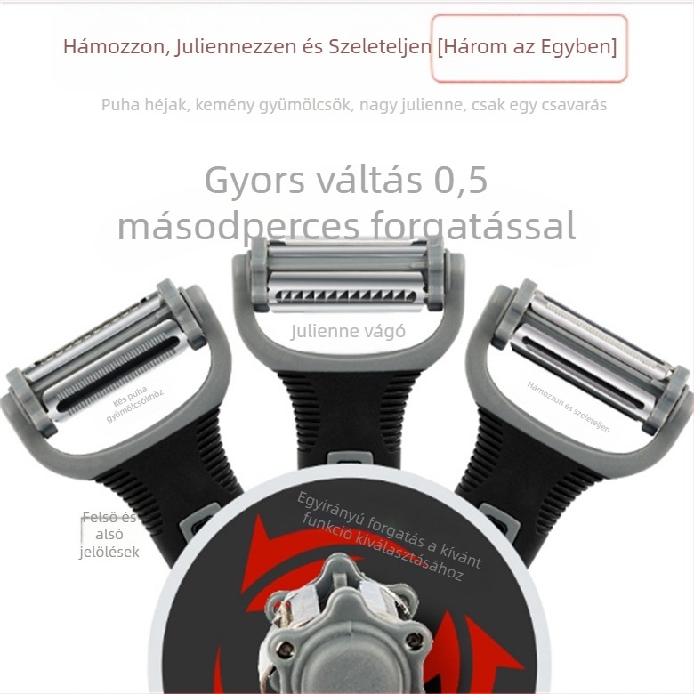 Többfunkciós forgó hámozó acélból – gyümölcs hámozó, reszelő és szeletelő háromoldalas vágófejjel