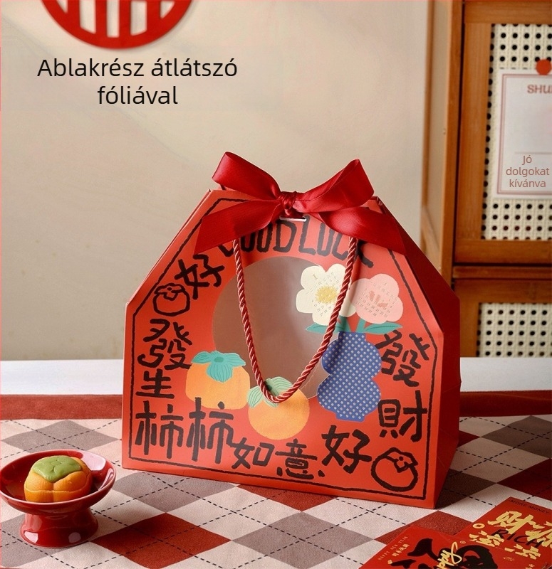 Újévi oroszlán-táncos ajándékdoboz ropogós nassolnivalókkal, cukorkákkal és süteményekkel