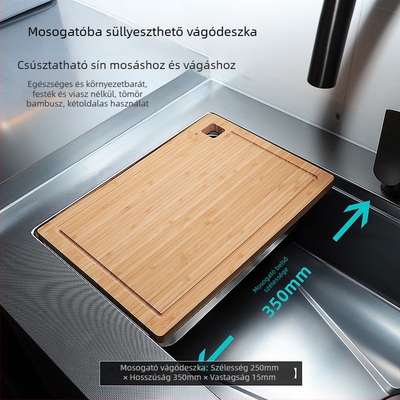 Bambuszból készült mosogatóba illeszthető vágódeszka, kétoldalas, beépített, konyhai vágódeszka, gyümölcsdeszka