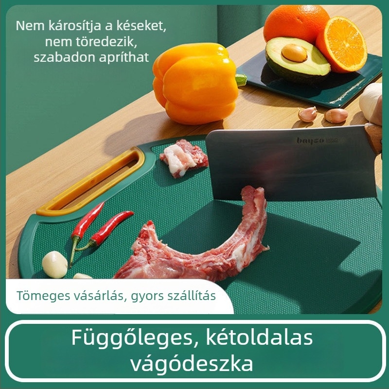 Konyhai vágódeszka, csúszásmentes, antibakteriális és penészálló, kétoldalas, zöld PE műanyag, függőleges kialakítás