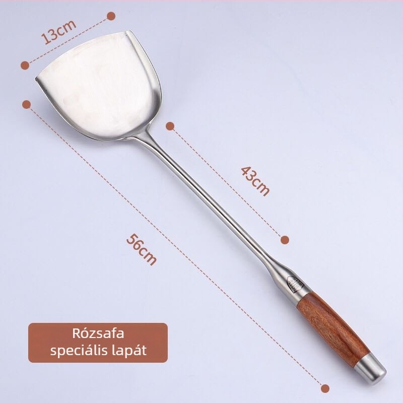 Rozsdamentes acél konyhai spatula fa nyéllel, hosszú nyéllel, vastított fejjel, tartós