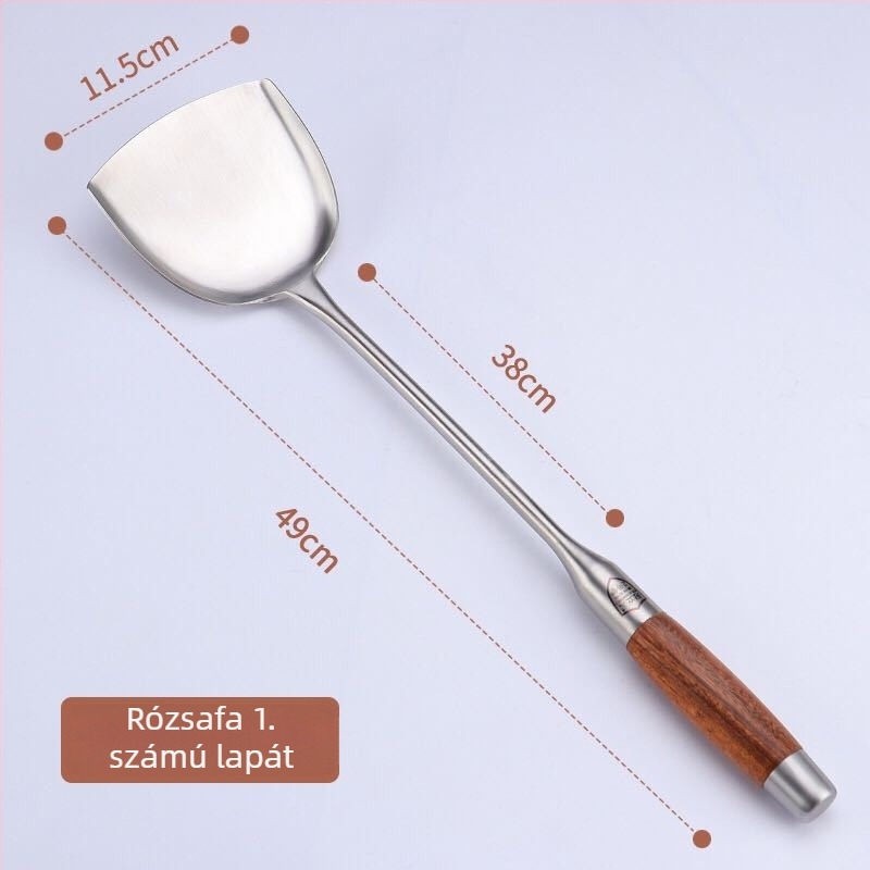 Rozsdamentes acél konyhai spatula fa nyéllel, hosszú nyéllel, vastított fejjel, tartós