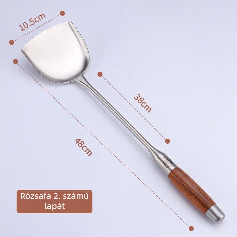Rozsdamentes acél konyhai spatula fa nyéllel, hosszú nyéllel, vastított fejjel, tartós