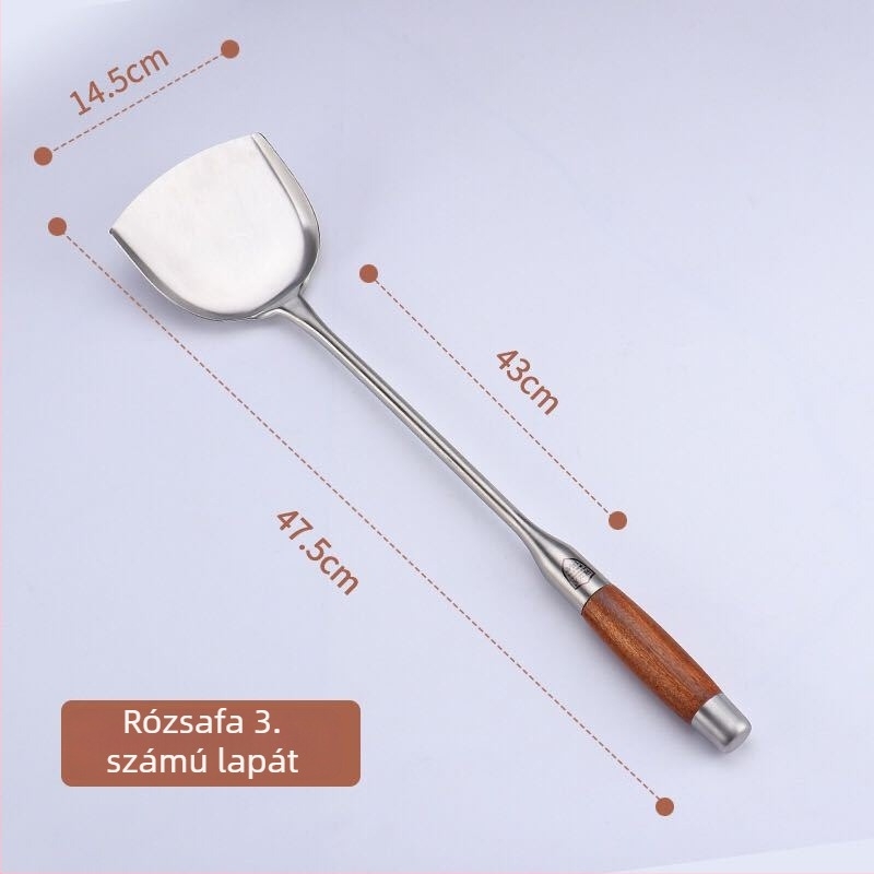 Rozsdamentes acél konyhai spatula fa nyéllel, hosszú nyéllel, vastított fejjel, tartós