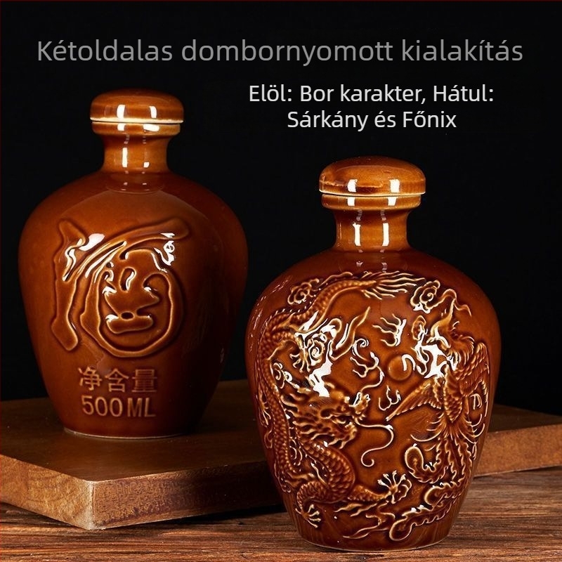 Otthoni használatra szánt kerámiaborosüveg, sárkány- és Főnix motívummal, hagyományos stílus, nagy kapacitás, hordozókosárral, 1 jin, 2 jin, 3 jin, 5 jin