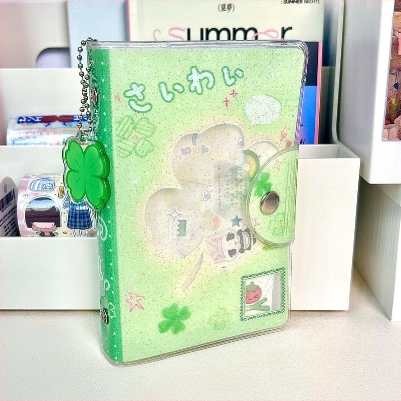 A7-es notesz glitter borítóval, leválasztható loose-leaf lapokkal, zsebméret, matricatároló, aranyos kawaii stílus