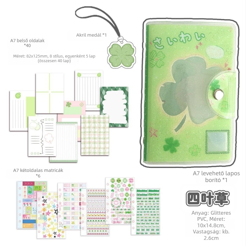 A7-es notesz glitter borítóval, leválasztható loose-leaf lapokkal, zsebméret, matricatároló, aranyos kawaii stílus