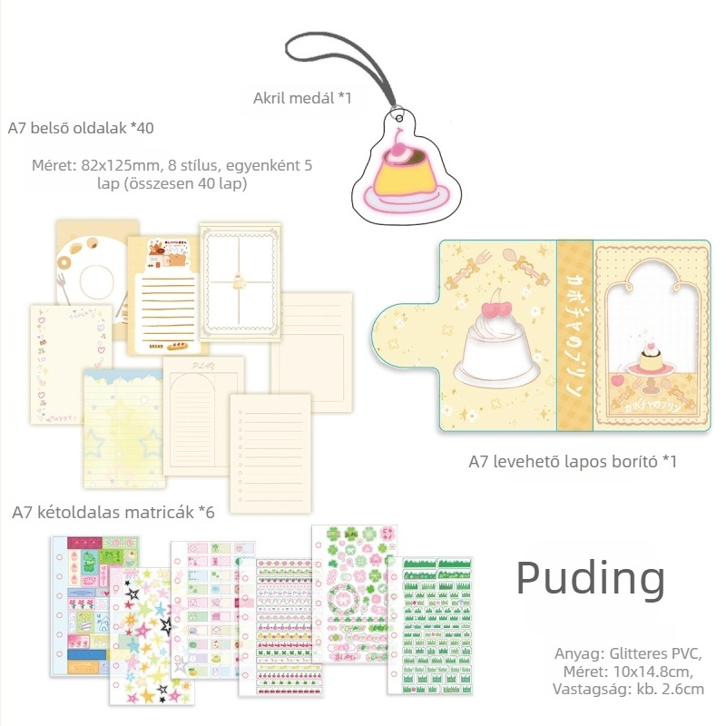 A7-es notesz glitter borítóval, leválasztható loose-leaf lapokkal, zsebméret, matricatároló, aranyos kawaii stílus