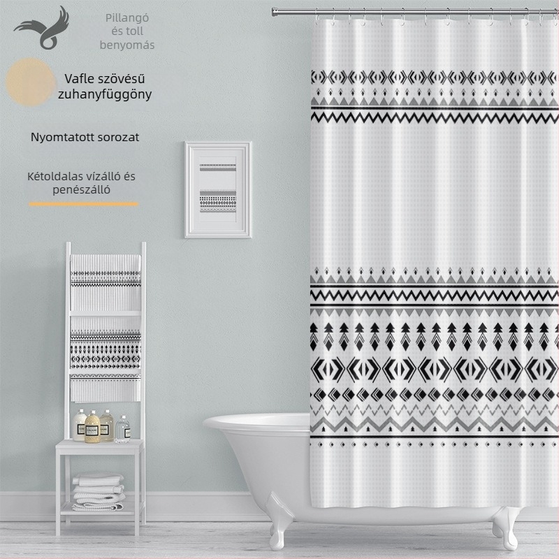 Bohem stílusú digitálisan nyomtatott waffle szövésű zuhanyfüggöny, vízálló fürdőszobához
