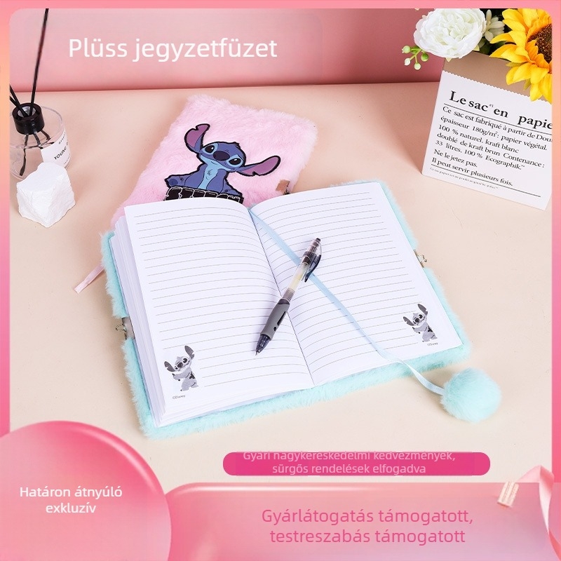 Plüss borítású jegyzetfüzet személyre szabható, aranyos mesefigurás borítóval, 100-200 oldal, 80 g/m² papír