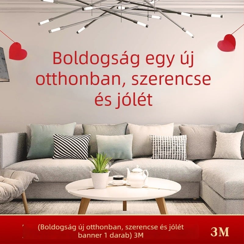 Új otthonba költözés dekoráció: nappali fali dekoráció, kétsoros feliratok és szalag zászlók