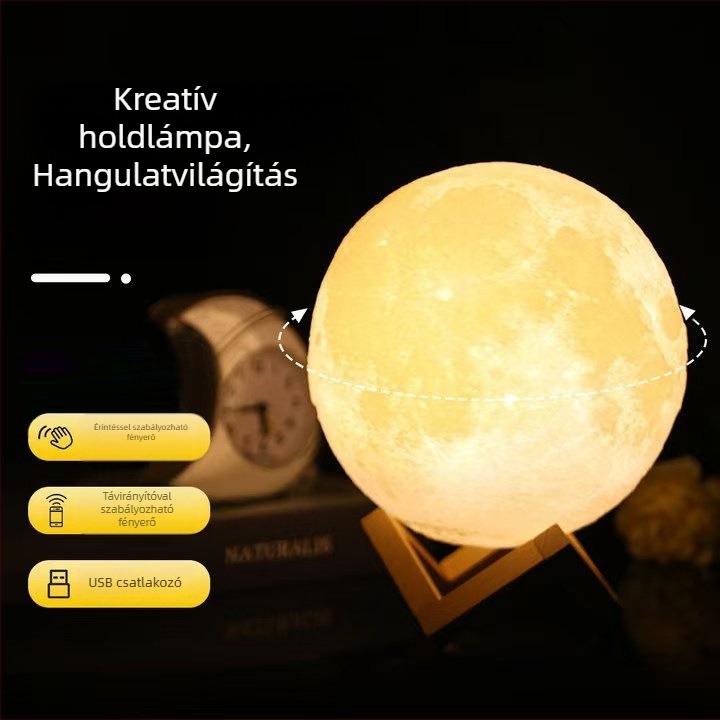 USB-töltésű holdlámpa, bolygó alakú éjjeli fény, érintéses kapcsolóval és több színű LED világítással