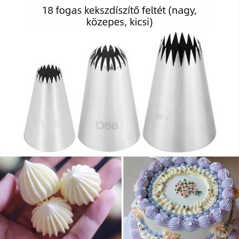 D66 közepes méretű, 18 fogú, 304 rozsdamentes acél dekorálócső tortákhoz és süteményekhez