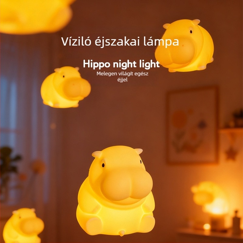 Hippo alakú, töltőre csatlakoztatható éjjeli lámpa, ambient fény, szilikonból készült, háromszintű állítható fényerő, dekoratív éjjeliszekrénylámpa