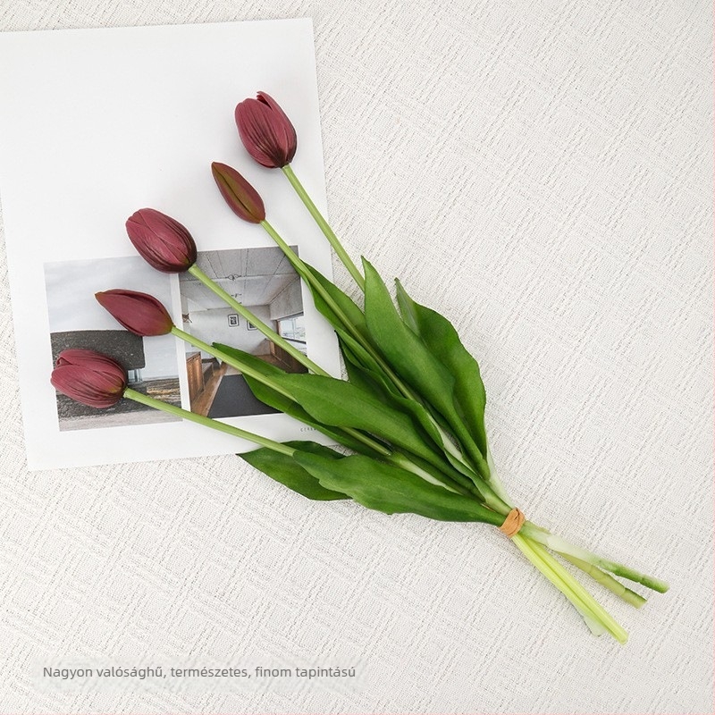 PU műanyag tulipánokból készült csokor beltéri dekorációhoz, lágy, rugalmas tulipánokkal, kézben tartható