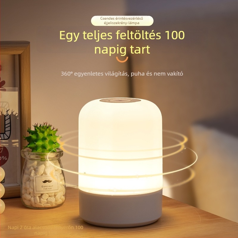Tölthető LED éjjeli lámpa hálószobába, érintéses vezérléssel, energiatakarékos és hosszú élettartamú, modern minimalista stílus