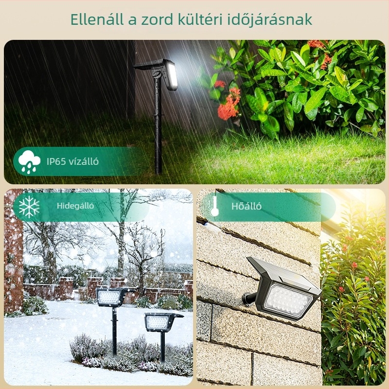 Napelemes kültéri kerti spotlámpa LED-del, IP65 védelmével, gyep és tájvilágítás, méretek 46 cm × 20 cm