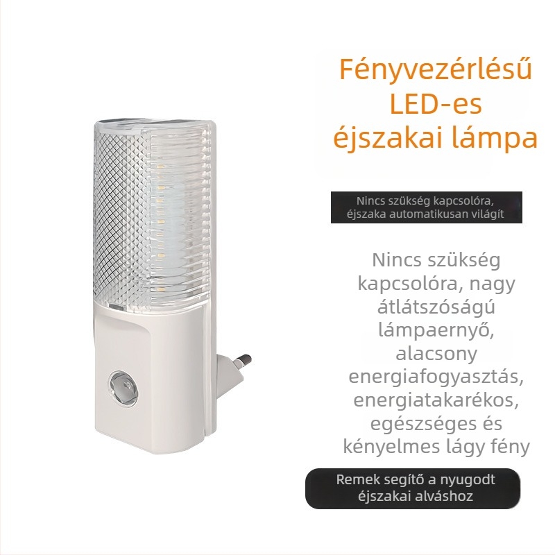 Fényvezérelt LED éjszakai lámpa EU-dugóval Németország/Spanyolország számára, égésálló és antireflexiós, 220V, méretek 70×35×110 mm, modern minimalista stílus