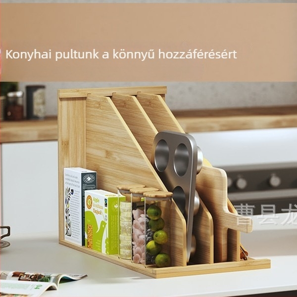Két szintes fa tároló polc edényekhez, fedőkhöz, vágódeszkákhoz és étkészlethez