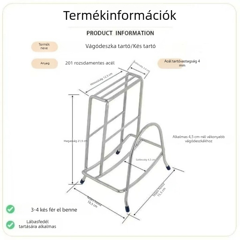 Többcélú rozsdamentes acélból készült vágódeszka kés-tartóval, extra vastag, konyhai szervező