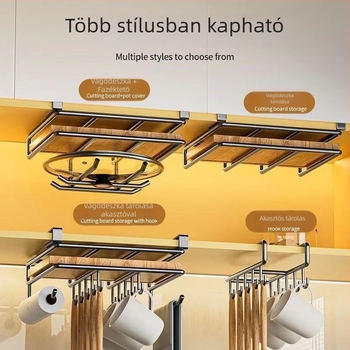 Fúrás nélküli konyhai tárolópolc, szekrény alatti lógó kosárral vágódeszkákhoz és fazékfedőkhoz