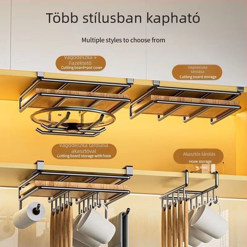 Fúrás nélküli konyhai tárolópolc, szekrény alatti lógó kosárral vágódeszkákhoz és fazékfedőkhoz