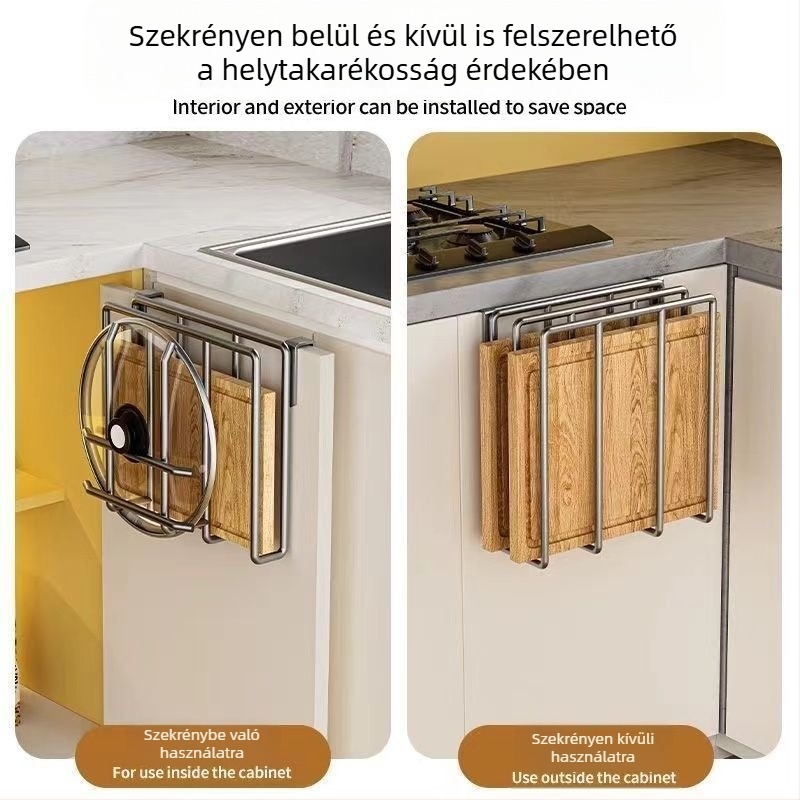 Fúrás nélküli konyhai tárolópolc, szekrény alatti lógó kosárral vágódeszkákhoz és fazékfedőkhoz