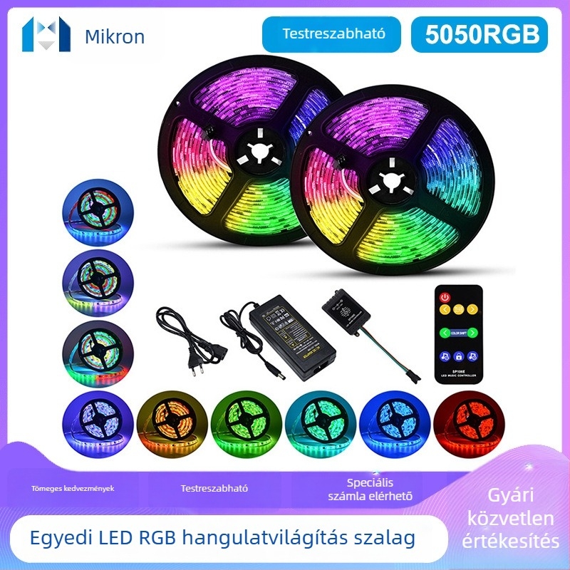 Programozható RGB5050 LED-szalag környezeti világításhoz a sarokban, 5m vagy 10m készlet, IP65 vízálló, távirányító és zenei vezérlő, 12V, 72W