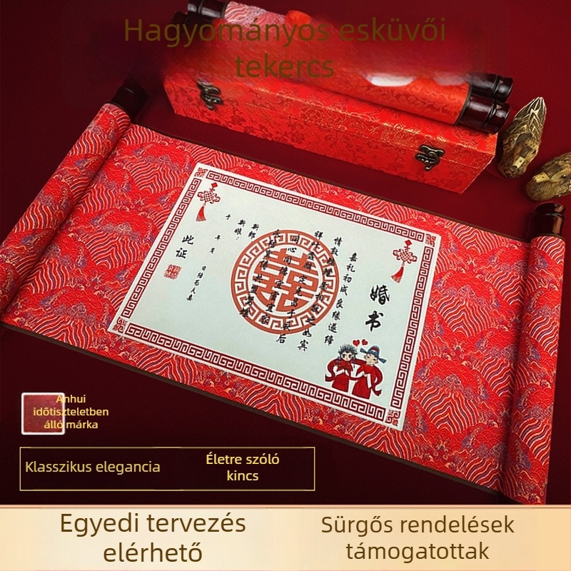 Egyedileg készített luxus esküvői meghívó tekercs kínai stílusban, üres meghívólevél, vízszintes formátum
