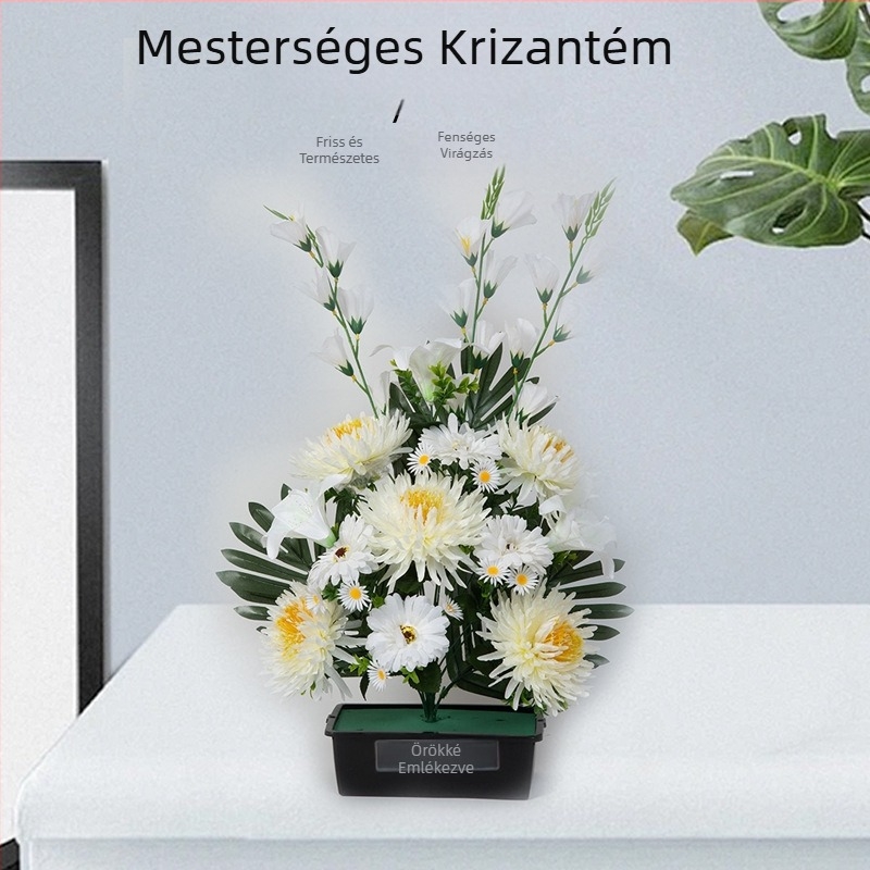 Selyem krizantémokból álló csokor Qingming sír-emlékműhöz, 19 fejű Xiaoli krizantéma és 15 fejű krizantéma peónia-központtal