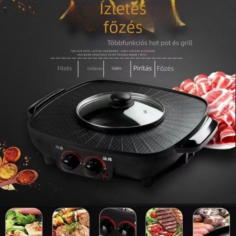 Elektromos, egybeépített főző- és grillsütő, 4–5 literes kapacitás, dupla hőmérséklet-szabályozás, Shabu-Shabu és Teppanyaki