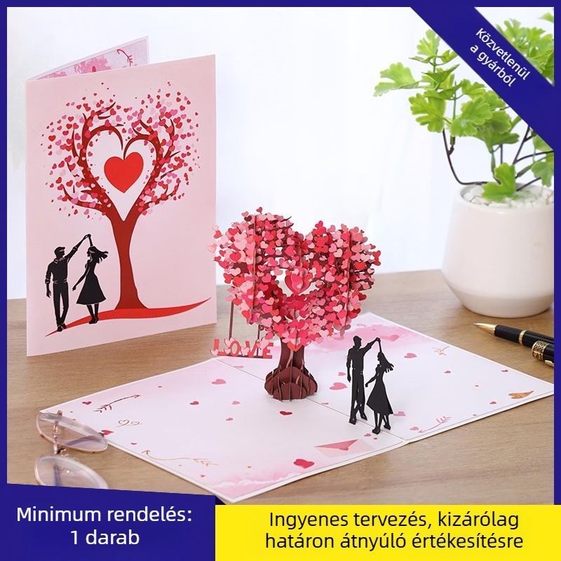 3D szív alakú fa pop-up üdvözlőlap Valentin-napra, anyák napi ajándékkártya és esküvői meghívó