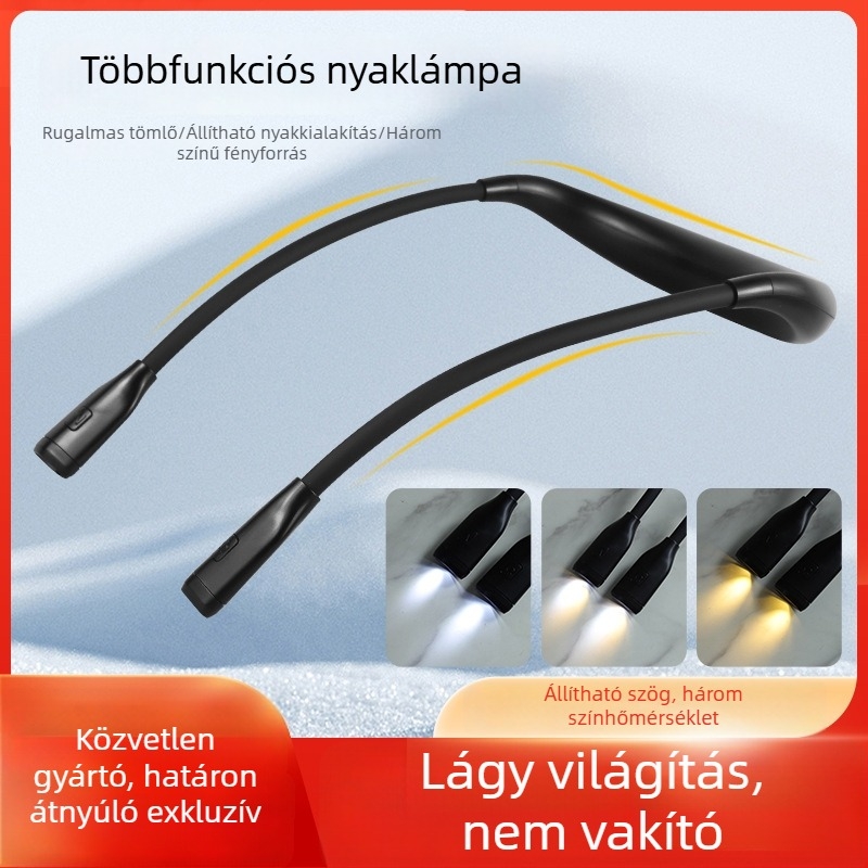 USB-töltésű LED nyakba vehető olvasólámpa, nyakhoz kötött olvasáshoz, éjjeliszekrényre illeszkedő asztali lámpa meleg fényű
