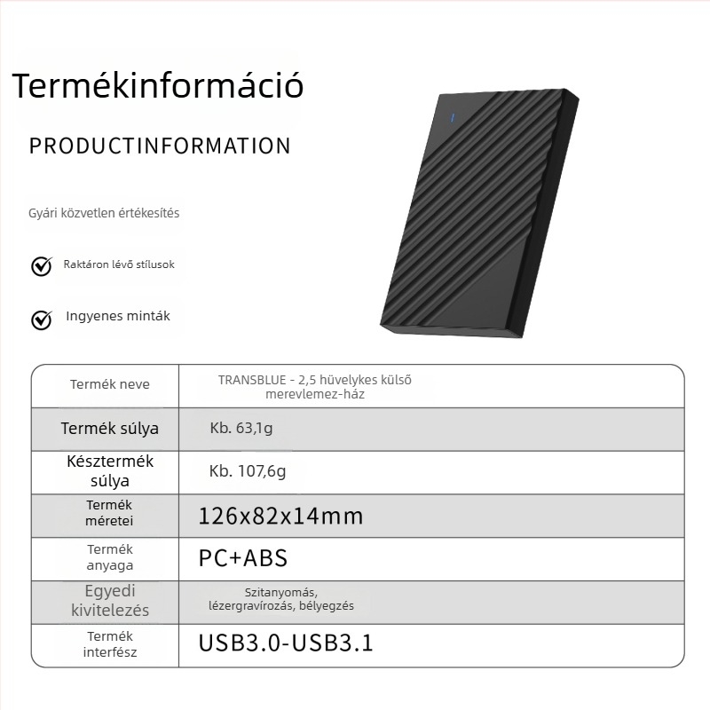 2,5 hüvelykes külső SATA merevlemez tok USB 3.1