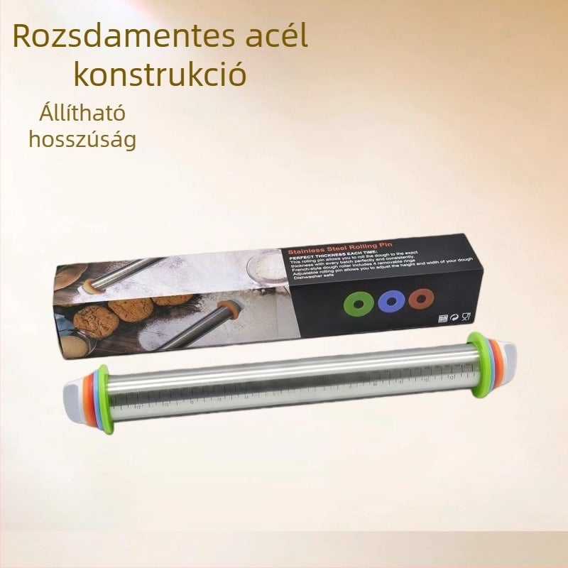 17 hüvelykes rozsdamentes acél nyújtófa, állítható vastagsággal és mérőskálával a tészta dagasztásához
