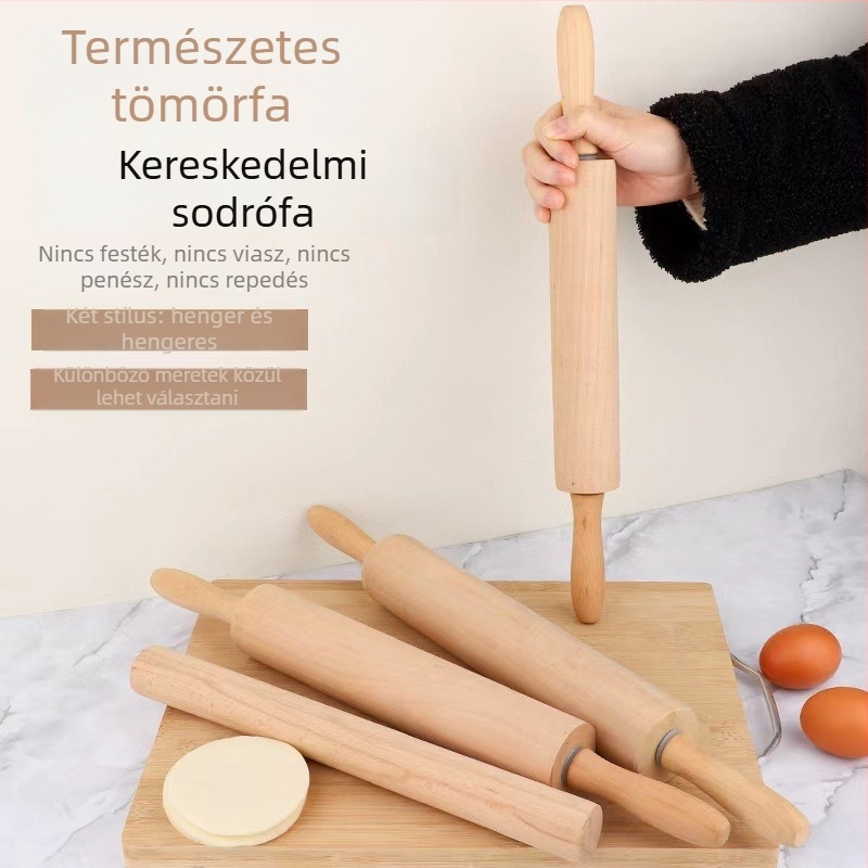 Fából készült konyhai készlet: nagy tésztanyújtó, tésztalapokat készítő görgő, vágódeszka és sütőeszközök