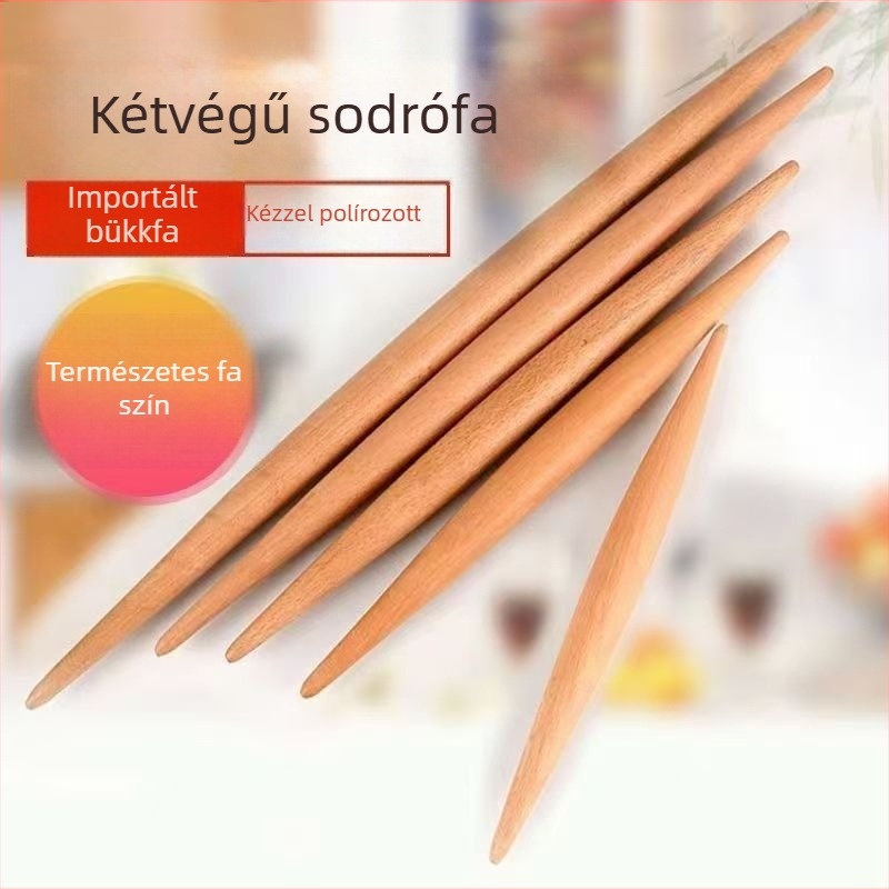 Bükkfából készült nyújtófa, két hegyes végével, vékony dupla rúd dizájn, ideális tészta nyújtásához, otthoni használatra