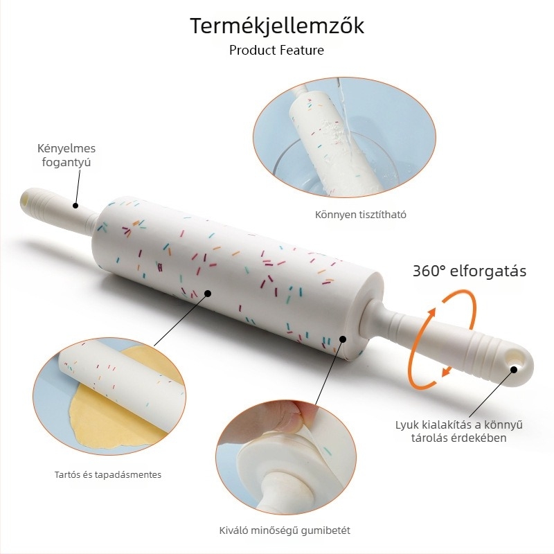 Egyedi szilikon nyújtóhenger forgó görgővel – kézi sütőeszköz